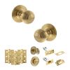 Old English Ripon Door Knob Pack (Bathroom Set - 4" Deadbolt, 3" Fire Rated Hinges x3) - Raw Brass