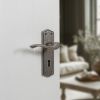 Old English Warwick Door Handle Pack (Latch Set - 3" CE Latch, 4" Fire Rated Hinges x3) - Distressed Silver