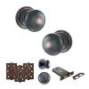 Old English Harrogate Door Knob Pack (Lock Set - Horizontal Bathlock, 3" Fire Rated Hinges x3) - Antique Copper