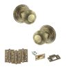 Old English Ripon Door Knob Pack (Latch Set - 3" HD Latch, 4" Fire Rated Hinges x3) - Antique Brass