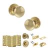 Old English Harrogate Door Knob Pack (Bathroom Set - 4" Deadbolt, 4" Fire Rated Hinges x3) - Raw Brass