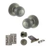 Old English Ripon Door Knob Pack (Lock Set - Horizontal Bathlock, 4" Slim Knuckle Hinges x2) - Distressed Silver
