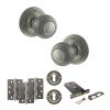 Old English Ripon Door Knob Pack (Lock Set - Horizontal Sashlock, 4" Fire Rated Hinges x3) - Distressed Silver