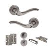 Old English Warwick Door Handle Pack (Bathroom Set - 2.5" CE Bathroom Lock, 4" Slim Knuckle Hinges x2) - Distressed Silver