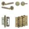 Complete Bari Door Handle Pack - Bathroom Lock (Knurled Thumb Turn) - Antique Brass - 65mm / 3-inch Hinges - JE-D5B1-AB