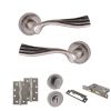 Old English Richmond Door Handle Pack (Bathroom Set - 3" CE Bathroom Lock, 4" Slim Knuckle Hinges x2) - Distressed Silver