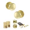 Old English Harrogate Door Knob Pack (Lock Set - Horizontal Bathlock, 4" Slim Knuckle Hinges x2) - Polished Brass