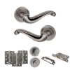 Old English Colchester Door Handle Pack (Bathroom Set - 2.5" CE Bathroom Lock, 4" Fire Rated Hinges x3) - Distressed Silver