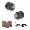 Old English Harrogate Door Knob Pack (Latch Set - 4" HD Latch, 4" Fire Rated Hinges x3) - Antique Copper