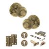 Old English Ripon Door Knob Pack (Lock Set - 3" Latch & Deadlock, 4" Slim Knuckle Hinges x2) - Matt Antique Brass