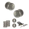 Old English Harrogate Door Knob Pack (Lock Set - Horizontal Sashlock, 4" Slim Knuckle Hinges x2) - Distressed Silver