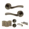 STATUS Texas Door Handle Pack (Bathroom Set - 3" CE Bathroom Lock, 4" Fire Rated Hinges x3) - Antique Brass