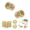 Old English Harrogate Door Knob Pack (Lock Set - 3" Latch & Deadlock, 3" Fire Rated Hinges x3) - Raw Brass