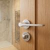 Complete Gio Door Handle Pack - Bathroom Lock (Standard Thumb Turn) - Satin Nickel - 65mm / 4-inch Hinges - JE-E5A3-SN