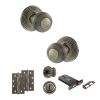 Old English Ripon Door Knob Pack (Lock Set - Horizontal Bathlock, 4" Slim Knuckle Hinges x2) - Matt Gun Metal