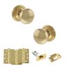 Old English Harrogate Door Knob Pack (Latch Set - 4" HD Latch, 4" Fire Rated Hinges x3) - Raw Brass
