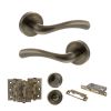 STATUS Texas Door Handle Pack (Bathroom Set - 3" CE Bathroom Lock, 3" Fire Rated Hinges x3) - Antique Brass