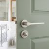 Complete Gio Door Handle Pack - Bathroom Lock (Standard Thumb Turn) - Satin Nickel - 65mm / 4-inch Hinges - JE-E5A3-SN
