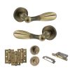 Old English Cambridge Door Handle Pack (Bathroom Set - 2.5" CE Bathroom Lock, 3" Fire Rated Hinges x3) - Matt Antique Brass