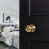 Old English Harrogate Door Knob Pack (Lock Set - Horizontal Bathlock, 4" Fire Rated Hinges x3) - Raw Brass
