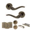 Old English Warwick Door Handle Pack (Bathroom Set - 2.5" CE Bathroom Lock, 4" Fire Rated Hinges x3) - Antique Brass