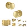 Old English Harrogate Door Knob Pack (Bathroom Set - 4" Deadbolt, 3" Fire Rated Hinges x3) - Satin Brass