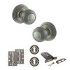 Old English Ripon Door Knob Pack (Lock Set - Horizontal Sashlock, 4" Slim Knuckle Hinges x2) - Distressed Silver