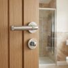 Complete Midtown Door Handle Pack - Bathroom Lock (Standard Thumb Turn) - Satin Nickel - 65mm / 3-inch Hinges - JE-G5B3-SN