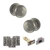 Old English Harrogate Door Knob Pack (Latch Set - 3" HD Latch, 4" Fire Rated Hinges x3) - Distressed Silver