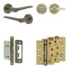 Complete Gio Door Handle Pack - Bathroom Lock (Plain Thumb Turn) - Antique Brass - 65mm / 4-inch Hinges - JE-E5A2-AB