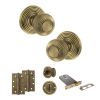 Old English Ripon Door Knob Pack (Lock Set - Horizontal Bathlock, 4" Slim Knuckle Hinges x2) - Matt Antique Brass