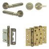 Complete Bloom Door Handle Pack - Bathroom Lock (Plain Thumb Turn) - Antique Brass - 65mm / 4-inch Hinges - JE-B5A2-AB