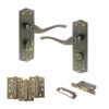 Old English Warwick Door Handle Pack (Bathroom Set - 2.5" CE Bathroom Lock, 4" Fire Rated Hinges x3) - Matt Antique Brass