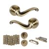 Old English Colchester Door Handle Pack (Bathroom Set - 3" CE Bathroom Lock, 4" Fire Rated Hinges x3) - Antique Brass