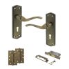 Old English Warwick Door Handle Pack (3 Lever Lock Set - 2.5" CE Sashlock, 4" Slim Knuckle Hinges x2) - Matt Antique Brass