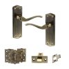 Old English Warwick Door Handle Pack (Latch Set - 3" CE Latch, 3" Fire Rated Hinges x3) - Antique Brass