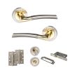 STATUS Indiana Door Handle Pack (Bathroom Set - 3" CE Bathroom Lock, 4" Slim Knuckle Hinges x2) - Satin Nickel/Polished Brass