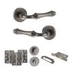Old English Durham Door Handle Pack (Bathroom Set - 3" CE Bathroom Lock, 4" Fire Rated Hinges x3) - Distressed Silver