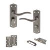 Old English Warwick Door Handle Pack (Bathroom Set - 3" CE Bathroom Lock, 4" Slim Knuckle Hinges x2) - Distressed Silver
