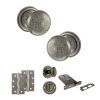 Old English Harrogate Door Knob Pack (Lock Set - Horizontal Bathlock, 4" Slim Knuckle Hinges x2) - Distressed Silver