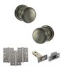 Old English Harrogate Door Knob Pack (Latch Set - 3" HD Latch, 4" Fire Rated Hinges x3) - Matt Gun Metal