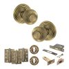 Old English Ripon Door Knob Pack (Lock Set - 3" Latch & Deadlock, 4" Fire Rated Hinges x3) - Matt Antique Brass