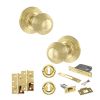 Old English Ripon Door Knob Pack (Lock Set - 3" Latch & Deadlock, 4" Slim Knuckle Hinges x2) - Polished Brass