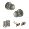 Old English Ripon Door Knob Pack (Latch Set - 4" HD Latch, 4" Slim Knuckle Hinges x2) - Distressed Silver