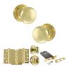 Old English Harrogate Door Knob Pack (Lock Set - Horizontal Bathlock, 4" Fire Rated Hinges x3) - Polished Brass