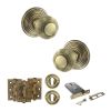 Old English Ripon Door Knob Pack (Lock Set - Horizontal Sashlock, 3" Fire Rated Hinges x3) - Antique Brass