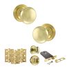 Old English Harrogate Door Knob Pack (Lock Set - Horizontal Bathlock, 3" Fire Rated Hinges x3) - Polished Brass