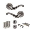 Old English Colchester Door Handle Pack (Bathroom Set - 2.5" CE Bathroom Lock, 4" Slim Knuckle Hinges x2) - Distressed Silver