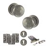 Old English Harrogate Door Knob Pack (Lock Set - Horizontal Sashlock, 3" Fire Rated Hinges x3) - Distressed Silver