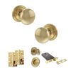 Old English Harrogate Door Knob Pack (Lock Set - Horizontal Bathlock, 4" Slim Knuckle Hinges x2) - Raw Brass